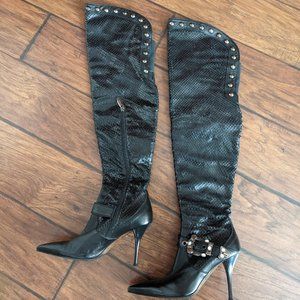 REAL PYTHON Loriblu Black Snakeskin Studded Buckle Thigh High Boots Size 37